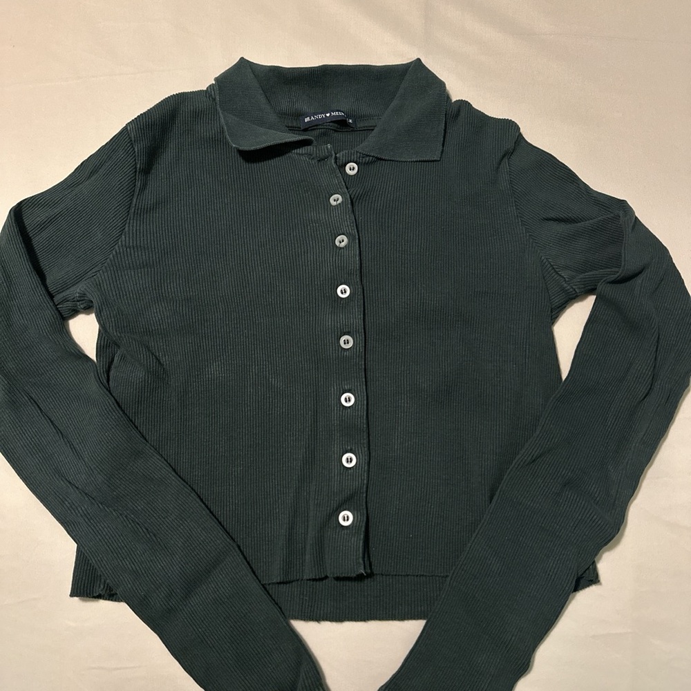 Brandy Melville Dark Green Button-Up Ribbed Top
